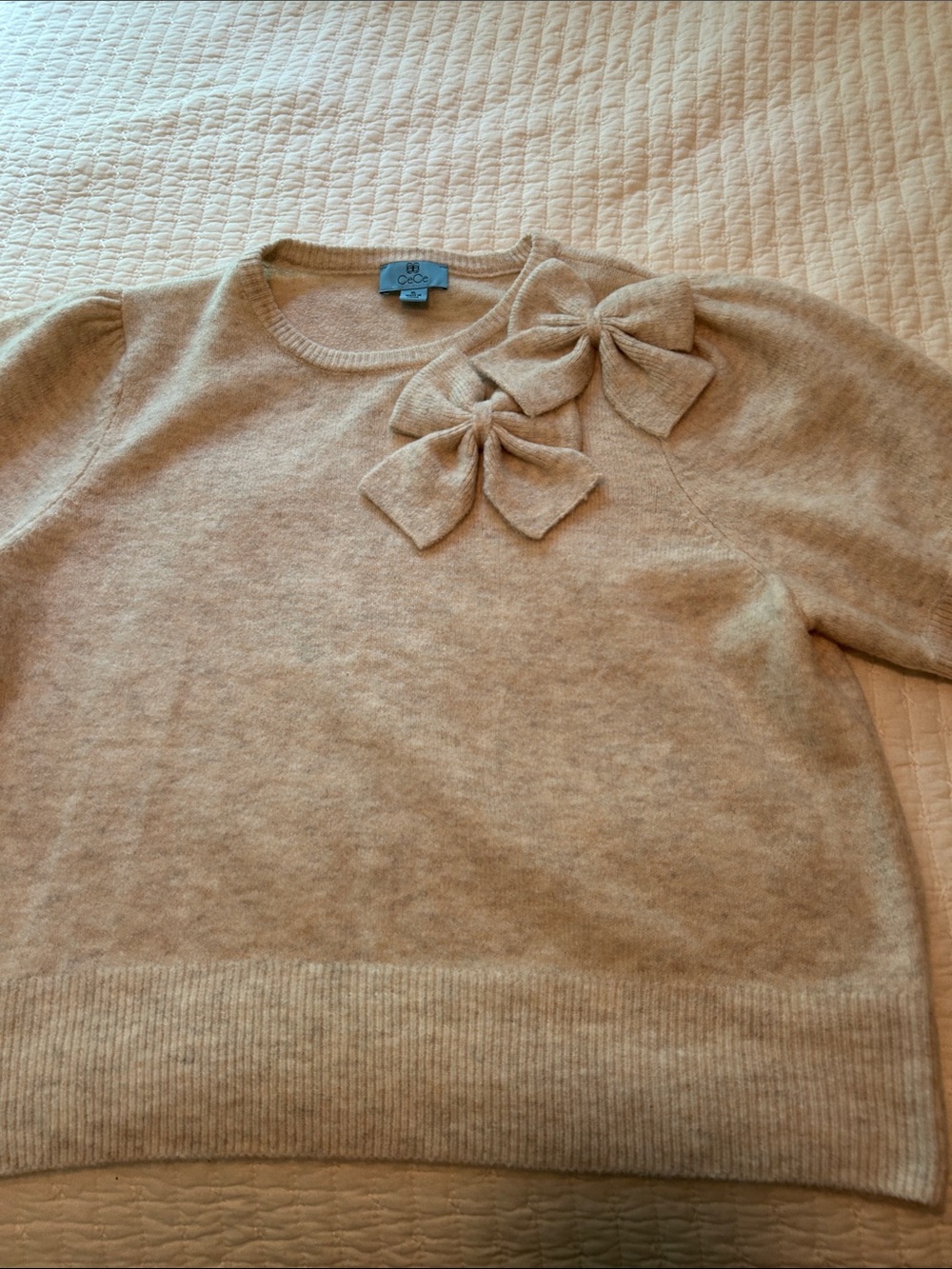 CeCe Beige Bow-Accent Crewneck Sweater